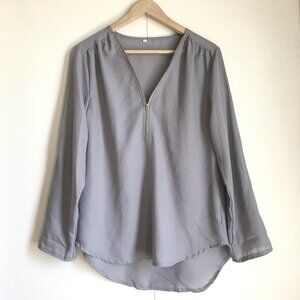 Grey Semi Sheer Lightweight Zip Collar Droptail Hem Blouse